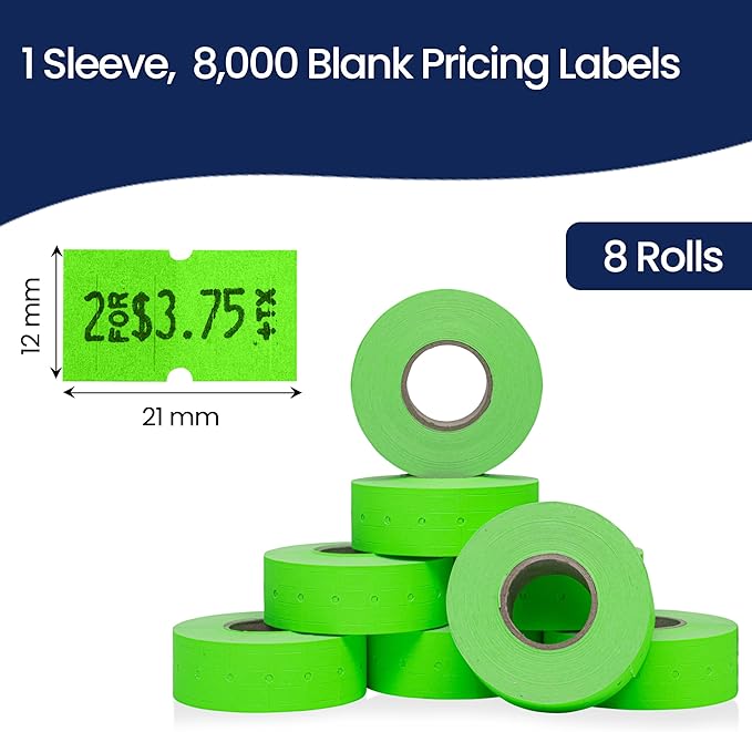 Perco 1 Line Fluorescent Green Labels - 8 Rolls, 1 Sleeve, 8,000 Blank Price and Date Gun Labels for Perco 1 Line Price and Date Guns - Made in USA