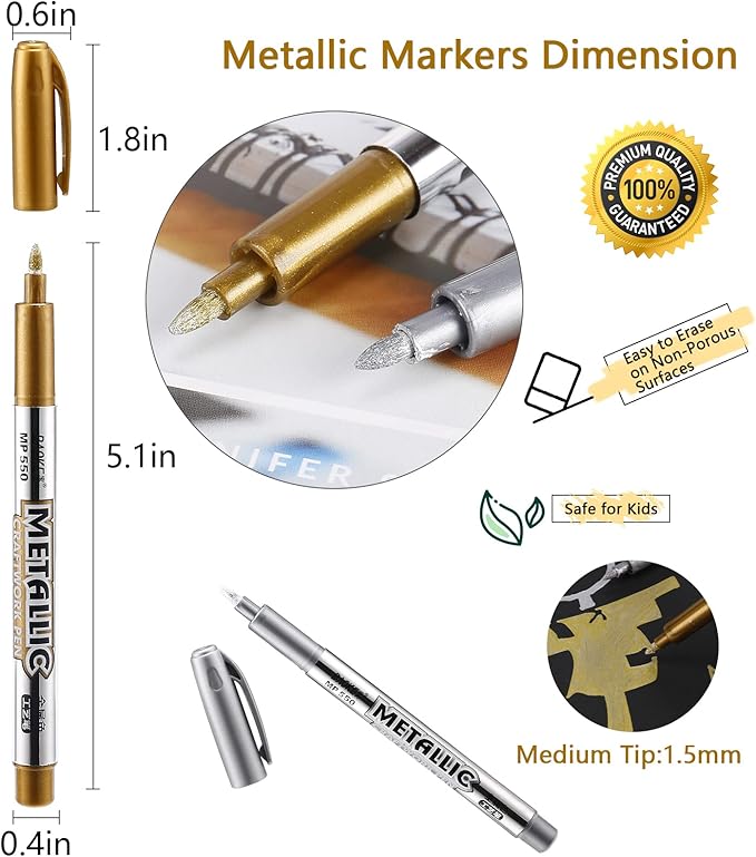 LOONENG Gold and Silver Marker Metallic, Fine Point Gold and Silver Markers Permanent Metallic for Artist Illustration, Crafts, Gift Card Making, Scrapbooking, Fabric, DIY Photo Album, 8 Count