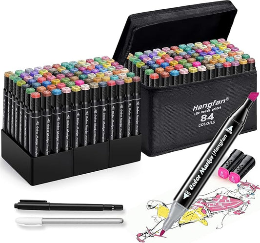 Alcohol,84 Colors Dual Tip Coloring Markers for Adults,Markers for Adults,Give 1 White Highlighter,1 Tracing Pen,Coloring Illustrations Sketch Drawing Painting Card Making(Black Pen Container)