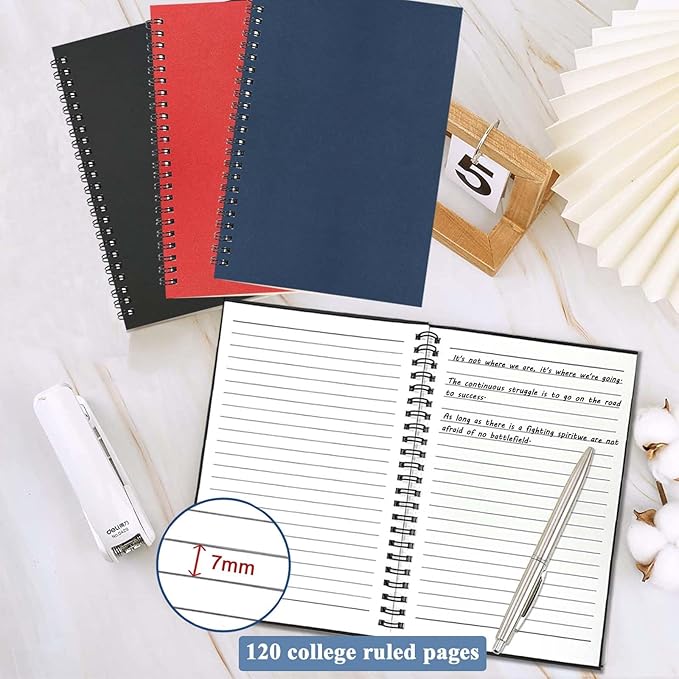 GINMLYDA 3Pack Small Spiral Notebook A5, 8.25x5.5” 120 Lined Pages Wide Ruled Spiral Journal Bulk Blank Kraft Cover Spiral Bound Notebook & Writing Pads for Home Office Meeting Work Note Taking