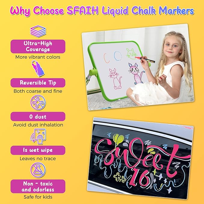 SFAIH Liquid Chalk Markers [1-Second Wet Wipe] - 6mm 30 Colors [Neon+Pastel+Metallic], No Residue, Zero Dust Chalkboard Markers for Whiteboard, Windows, Glass, Signs, With Highlighter Color Marker