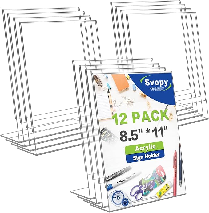 Acrylic Sign Stand Holder - 8.5x11 Inches Plastic Acrylic Literature Holders, 12 Pack Sign Holders Suit for Flyer, Magazine, Pamphlet, Booklet Display