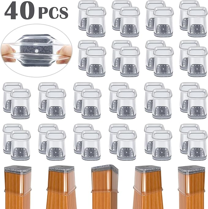 BUMACO Chair Leg Floor Protectors Square Chair Leg Protectors for Hardwood Floors Silicone Pads Covers to Protect Floors (Clear-Square S Fit 3/4" ~ 1")