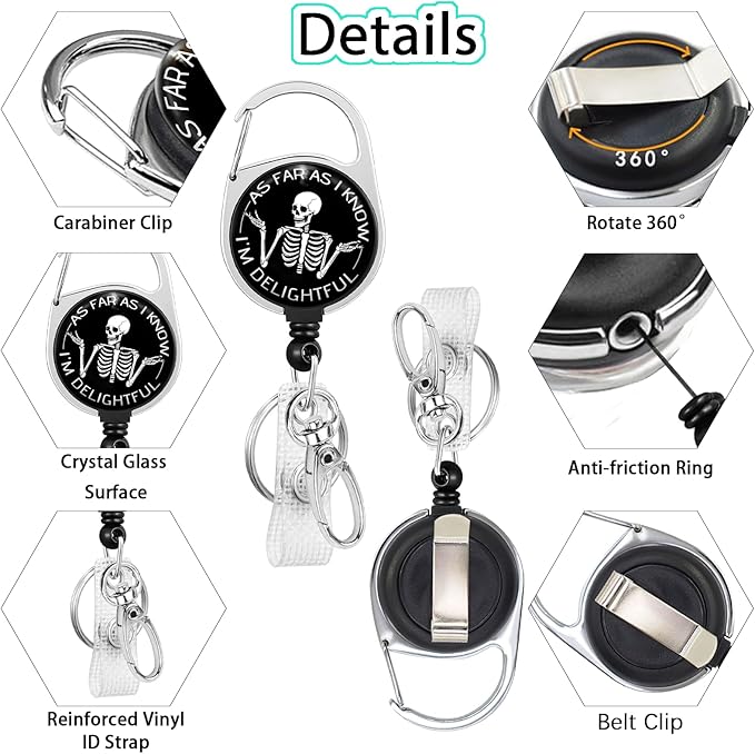 As Far As I Know I'm Delightful Badge Reel Retractable Heavy Duty with 360°Swivel Carabiner Clip,Skeleton ID Badge Holder Retractable, Nurse Teacher ID Card Holder Retractable Keychain Name Badge Clip