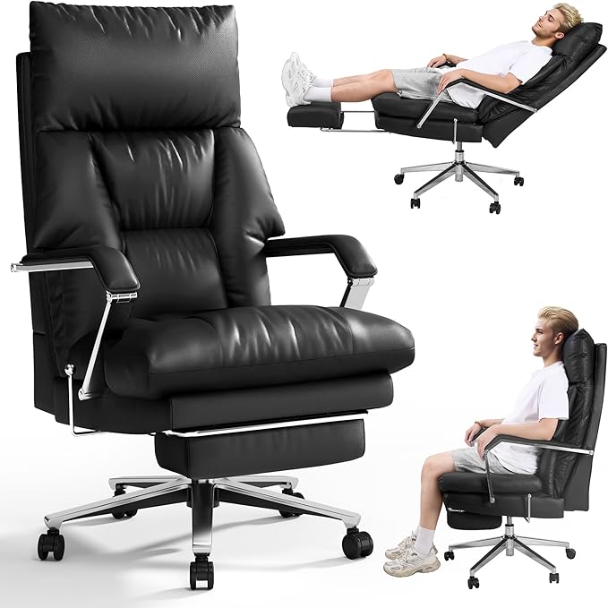 Reclining Office Chair with Footrest - 25.6" Wide Seat & Adjustable Seat Depth, Big and Tall High Back Leather Executive Home Office Desk Chair 400lbs, Black