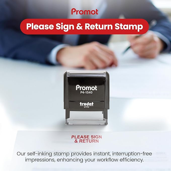 Promot Please Sign and Return Self Inking Rubber Stamp - Refillable Teacher Stamps - Business, Bookkeeping, Ordering, Accounting, Work, Bank, Office Stamper - Red Ink