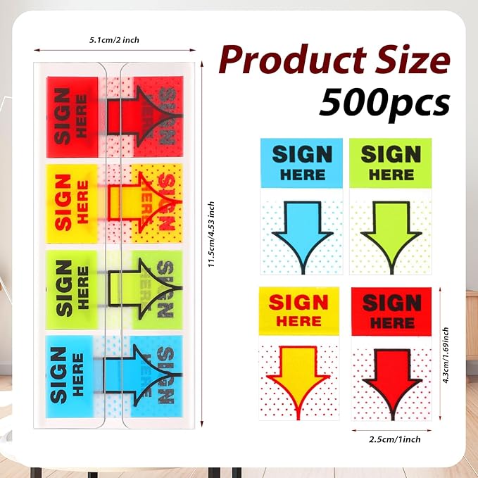 500pcs Sign Here Stickers, Arrow Labels Stickers Adhesive Sign Here Tabs Sign Post Here Flags for Documents Notebooks Home Office School Supplies (4 Colors)