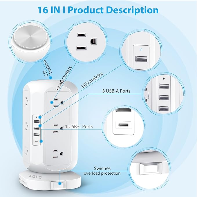 Tower Power Strip Flat Plug with 12 Outlets 4 USB(1 USB C),AOFO Surge Protector Charging Station with Overload Protection, Widely Spaced Multiple Outlets 10Ft Extension Cord for Home, Dorm,Office