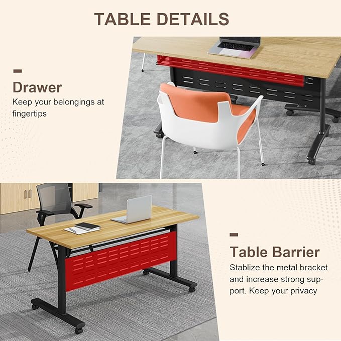 Folding Conference Room Table, Modern Conference Tables with Wheels, Large Rectangular Mobile Training Tables for Office Classroom, Foldable Modular Boardroom Seminar Table Maple (6pack L63in)