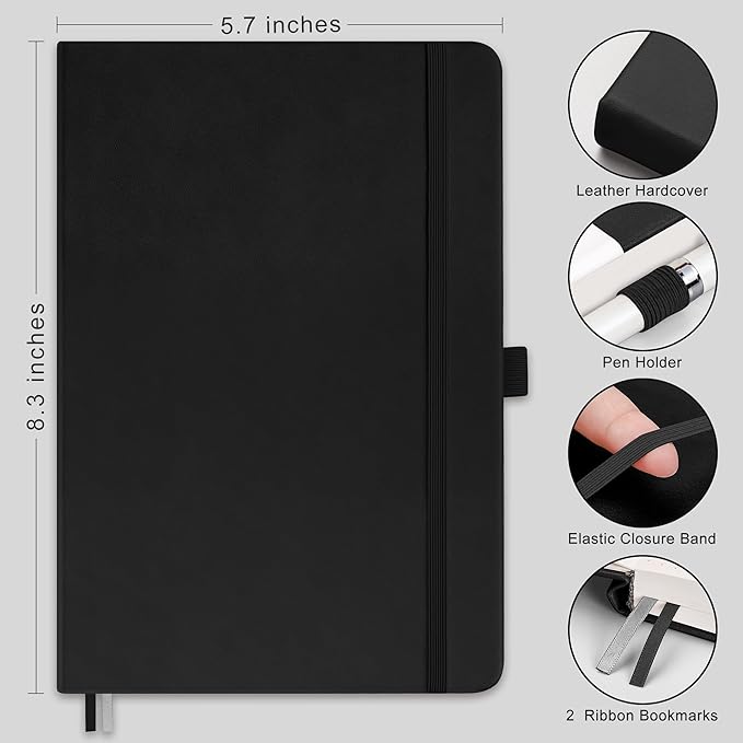 RETTACY Lined Journal Notebook, 2-Pack, 192 Numbered Pages per Pack, A5 Medium Size (5.7'' x 8.3''), for Men & Women, Writing, Work, Leather Hardcover, 100 GSM Thick Paper (Black & Black)