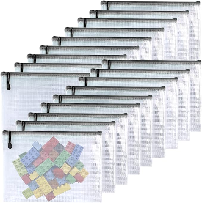 Oaimyy-18 Pcs, Large Mesh Zipper Pouch Document Folders Bag Plastic Zip File Folders for Office Supplies,Travel,Puzzles Games Organizing Storage,Classroom Board Game Organization (Black, 9"x 12")