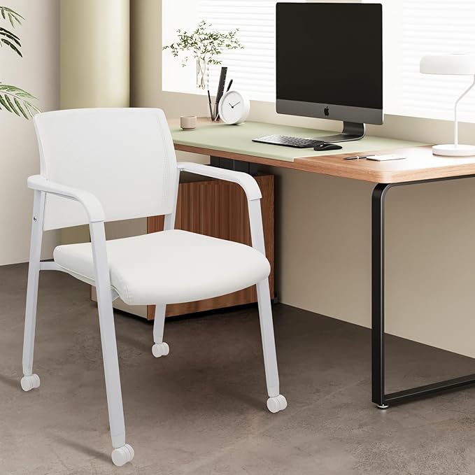 CLATINA Stacking Office Chairs with Wheels | Mesh Back, Thicken Leather Seat and Streamline Armrests, Ergonomic Lumber Support | School, Desk, Guest Reception, Waiting, Conference | Set of 4, White