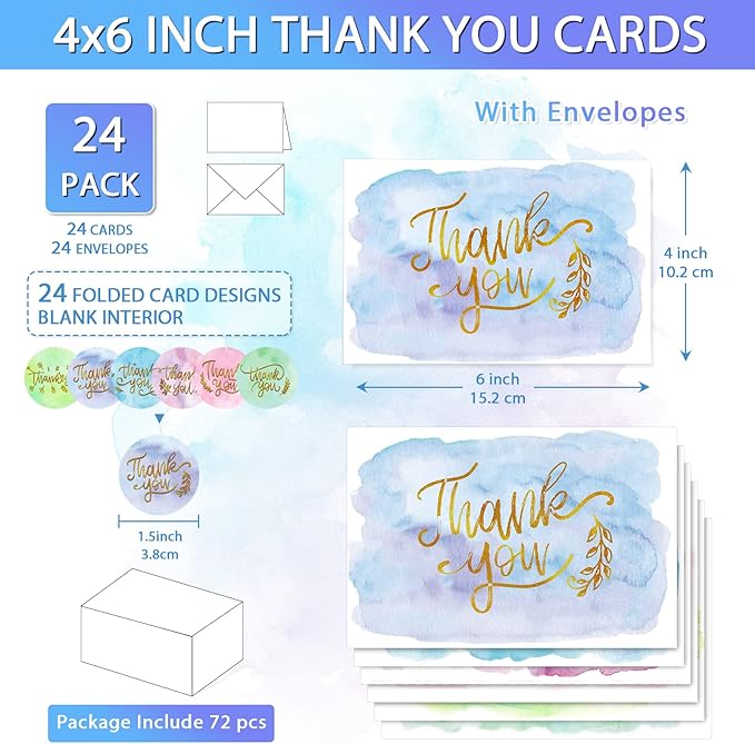 24 Pack Watercolor Thank You Cards with 24 Envelopes 24 Stickers 6 Designs Gold Letter Greeting Note Cards Thank You Notes Round Envelope Seal Stickers for Wedding Graduation(Cute Style)