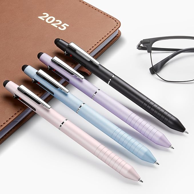Sooez Multicolor Pen in One, Sleek Metallic 4 Color Ballpoint Pens, Medium Point (1.0mm), Retractable Ball Pen with Stylus Tip, Journaling Planner Pens for Nursing School Office Supplies, 3 Pack, Blue