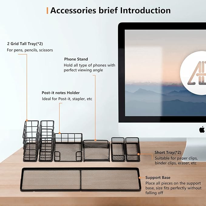 Desk Organizers and Accessories, Desk Organizer Set with Pen Holder, Sticky Note holder, Paper Clip Holder and Binder Clips