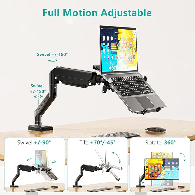 WALI Laptop Desk Mount, 2-in-1 Monitor Mount with Adjustable Laptop Tray, Fits Max 17" Notebook and 34" Computer Screen, Max Holds 22-26.4 lbs, Single Monitor Laptop Stand for Desk (GSMP001NLP), Black