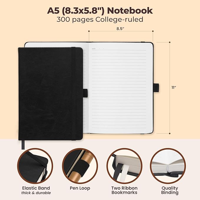 Lined Leather Bound Journal Notebook, A5 Hardcover - Black 5.8x8.3" - Thick 300 Pages College Ruled Paper Journals for Men and Women - Personal and Professional Note Book for Writing & Journaling