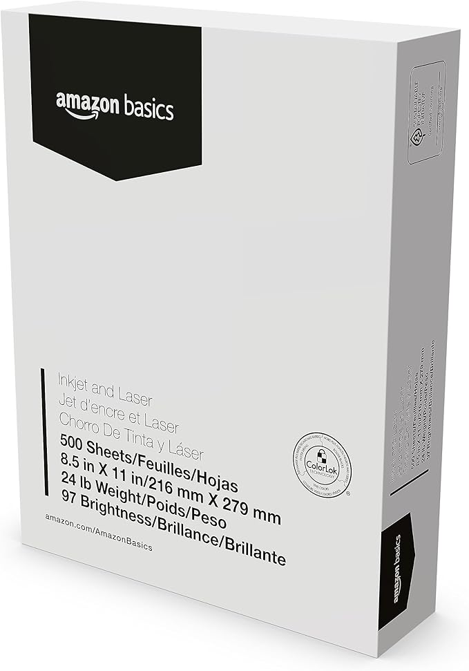 Amazon Basics Multipurpose Copy Printer Paper, 8.5-x-11-inch, 24lb, 1500 Sheets (3 Packs of 500), 97 Bright, White