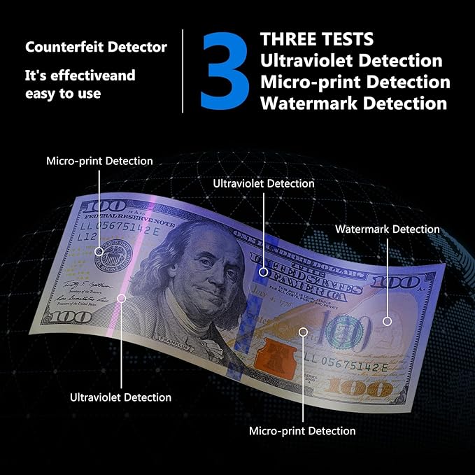 Portable Counterfeit Bill Detector with 8X Magnifying, 2 LED UV Light, Large Watermark Area for Money, IDs and Credit Cards