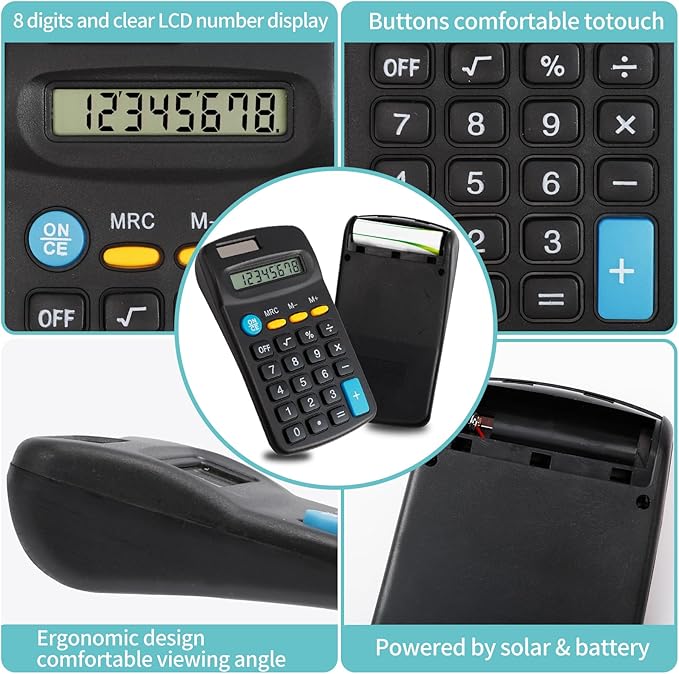 24 Pieces Pocket Size Mini Calculators,Pocket Calculator,Solar Battery Dual Power Desktop Calculators,8 Digit Display Basic Calculator for Students Kids Home Office(Black)