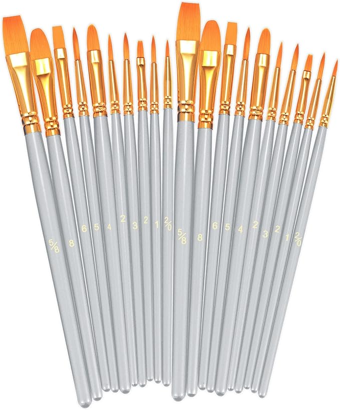BOSOBO Paint Brushes Set, 2 Pack 20 Pcs Round Pointed Tip Paintbrushes Nylon Hair Artist Acrylic Paint Brushes for Acrylic Oil Watercolor, Face Nail Art, Miniature Detailing & Rock Painting, Silver