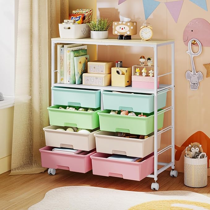 8 Drawers Rolling Storage Cart with Wooden Top, Multipurpose Utility Cart with Opening Shelf & Lockable Wheels, Storage Drawer Cart Organizer for Home Office Craft Room Classroom, Rainbow