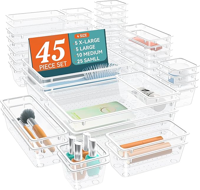 Drawer Organizers of 45 PCS Plastic Drawer Organizer Bins, 4 Sizes Versatile Bathroom Kitchen Office Organizers and Storage Containers for Makeup, Utensils, Stationery