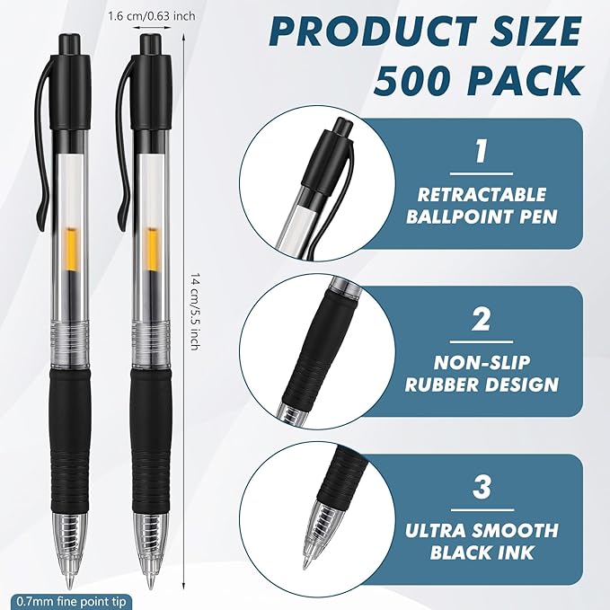 Jetec 500 Pcs Premium Gel Roller Pens Bulk, Fine Point 0.7 mm, Retractable Gel Ink Roller Ball Pens for Writing Journaling Taking Notes Office (Black)