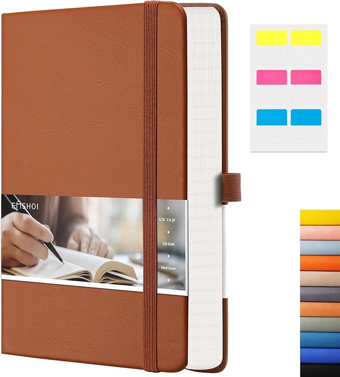 EMSHOI Lined Journaling Notebooks - 120gsm Thick Leather Journal with Sticky Notes, 256 Numbered Pages A5 Hardcover College Ruled Notebook for Women Men Work School Writing, 5.75" x 8.38"-Brown