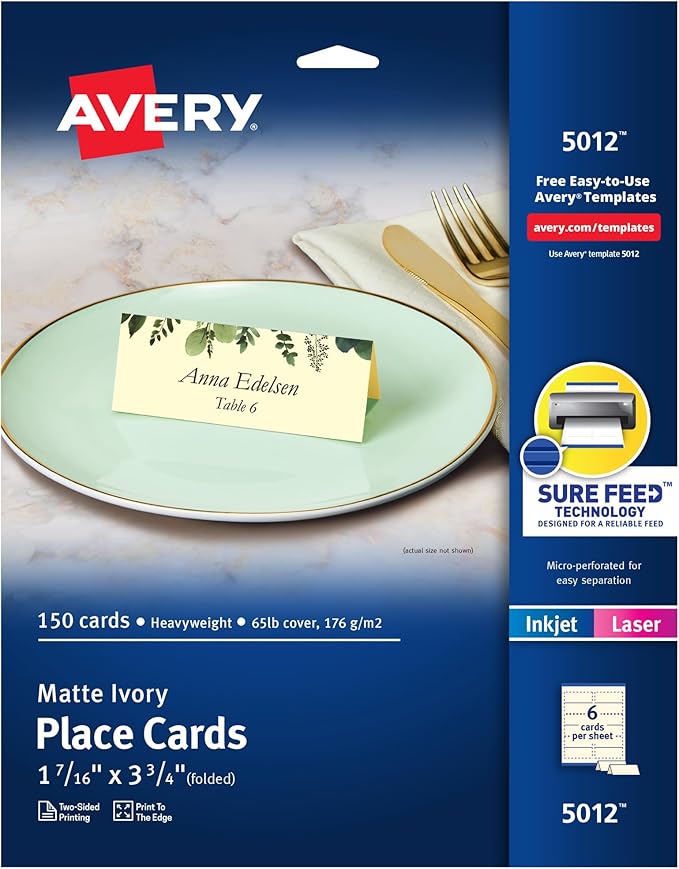 Avery Printable Place Cards with Sure Feed Technology, 1-7/16" x 3-3/4", Textured Ivory, 150 Blank Tent Cards for Laser or Inkjet Printers (5012)