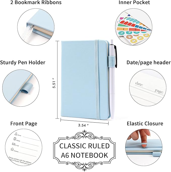 feela 15 Pack Pocket Small Notebooks Bulk, Mini Cute Memo Notepads Hardcover College Ruled Lined Journals with Pen Holder for Women Girls Office School, with 15 Black Pens, 3.5”x 5.5”, A6, Light Blue