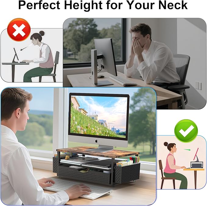 Desk Organizer and Accessories, Computer Monitor Stand Riser with Drawer and 2 Pen Holders, Office Desk Accessories & Workspace Organizers for Office Supplies (Wood)