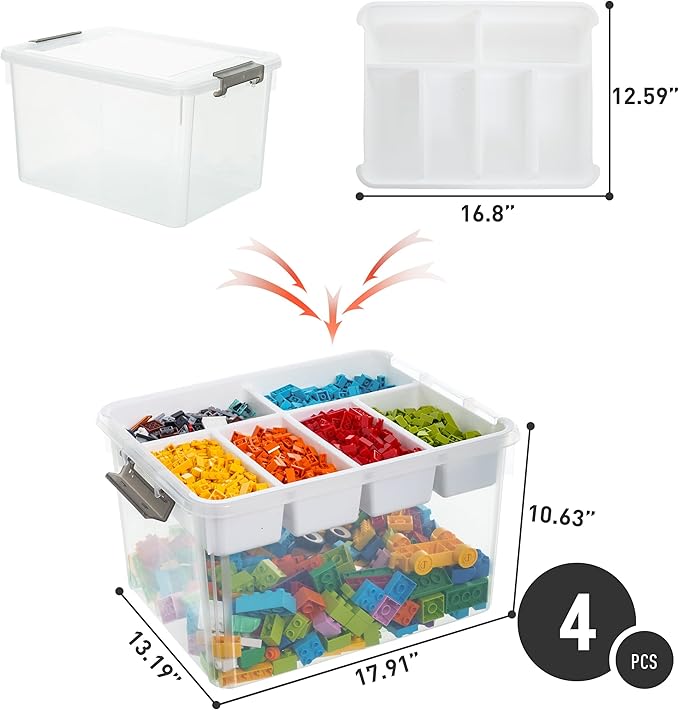 Citylife 32 QT Plastic Storage Bins with Removable Tray Large Stackable Storage Containers for Organizing Craft Storage and Storage Craft, Clothes, Files, Office Supplies, 4 Packs