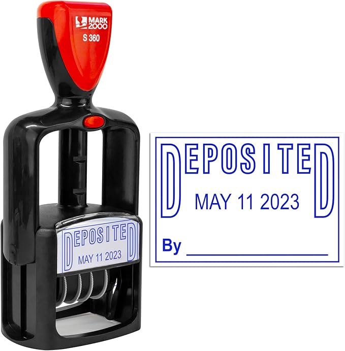 Self-Inking Rubber Date Office Stamp with Deposited Phrase - Blue Ink - 12-Year Band