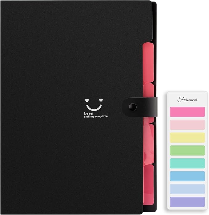Forvencer Accordion File Organizer, Letter Size, 5 Pocket Expanding File Folder, Cute File Folder with Labels, Portable File Organizer for School Office Supplies, Folders for Documents, Black