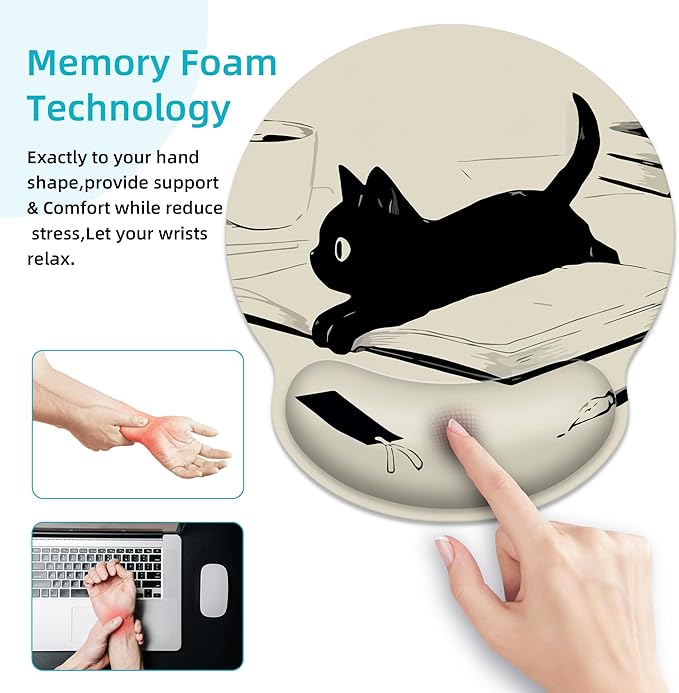 Ergonomic Mouse Pad with Wrist Support,Kawaii Anime Black Cat Mouse Pad with Wrist Rest,Relieve Wrist Pain Mousepad Non-Slip Rubber Base,Mouse Pads for Desk,Computers,Laptop,Office,Home,Accessories