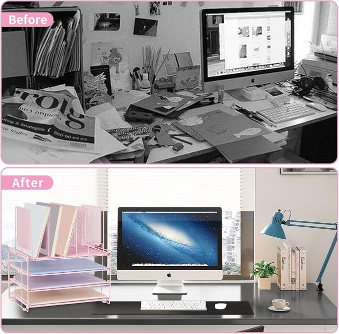 Paper Desk Organizer, 3-Tier Letter Tray with 5 Vertical File Holders, Multifunction Desktop Folder Organizers and Accessories for Home Office(Pink), LK-3CB