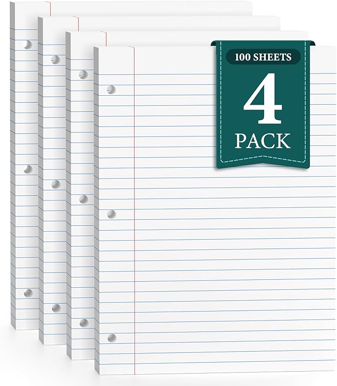 8.5 x 11 Wide Ruled Paper, Loose Leaf Paper, 3 Hole Punch Paper 8.5 x 11 WhiteLoose Leaf Notebook Paper for 3 Ring Binders, Notebook Paper,Filler Paper,Lined Paper, 400 Sheets Writing Paper (4 Pack)
