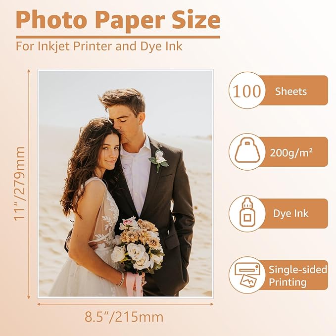 ZBEIVAN 8.5x11 Photo Paper, Glossy Printer Paper 100 Sheets, 8.5 x 11 Inkjet Printer Photo Paper for Dye Ink, 200 GSM