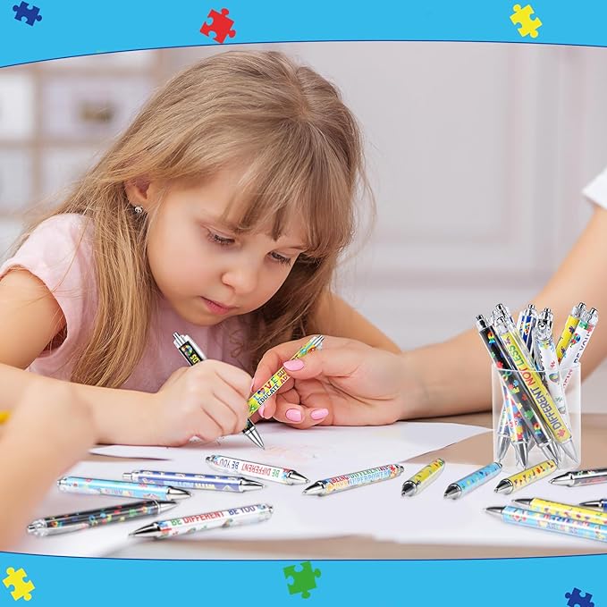48 Pcs Autism Awareness Pens Mental Health Awareness Ballpoint Pens Bulk Colorful Puzzle Pieces Pens Motivational Gifts for Classroom Office Stationery Favors Supplies