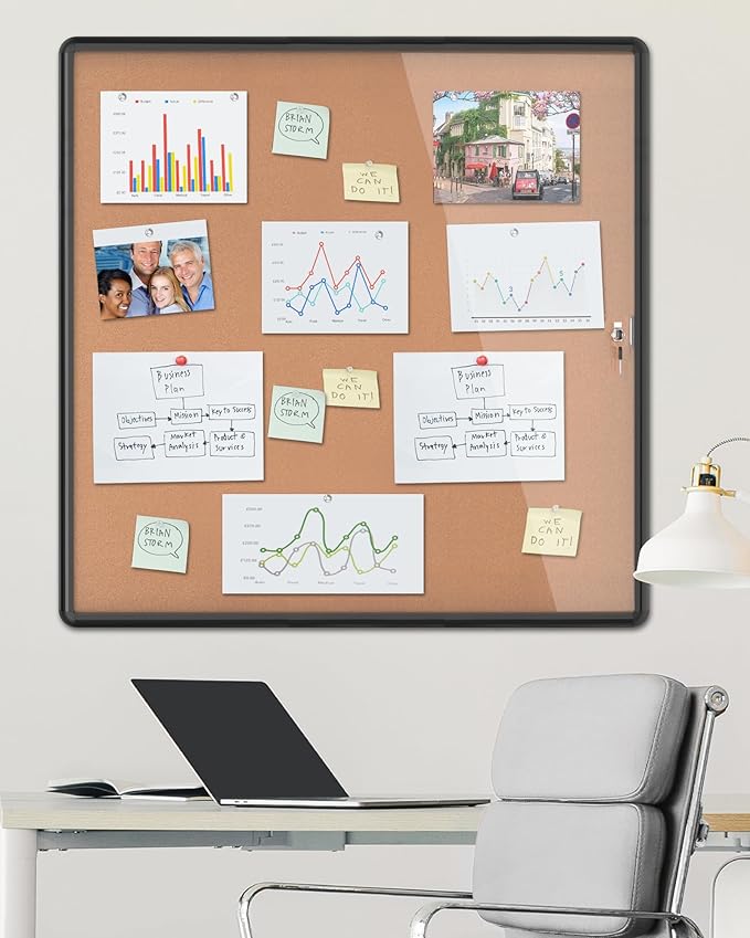 38"x38" Enclosed Bulletin Board, Lockable Weather-Resistant Aluminum Cork Noticeboard for School & Office, Black Frame w/Cork