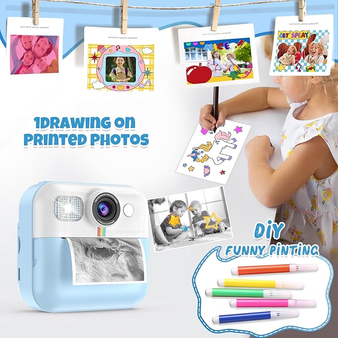 Kid Camera for Boys,Portable Toddler Blue Printing Camera Toy 1080P Video Cameras Children Instant Print Camera for Kids 3 Print Paper & 32G Card Christmas Birthday Gifts（Blue）