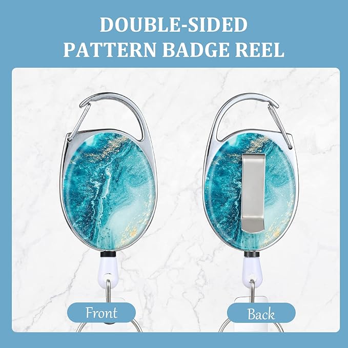 Badge Reels Retractable，Double Sided Color Print Pattern Retractable Badge Holders，with Retractable Keychain, Badge Clip and Key Ring，Durable Nylon Retractable Rope，Blue Ocean