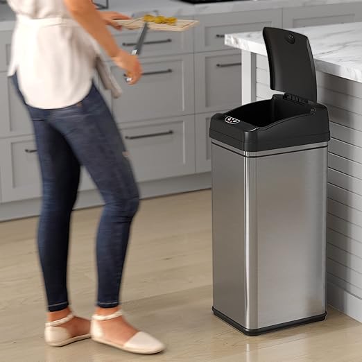 iTouchless 13 Gallon Dog Proof Trash Can with Odor Filter, Motion Sensor Stainless Steel Kitchen Trashcan Garbage Bin for Home Office Work Bedroom Living Room Garage Large Capacity Slim Wastebasket