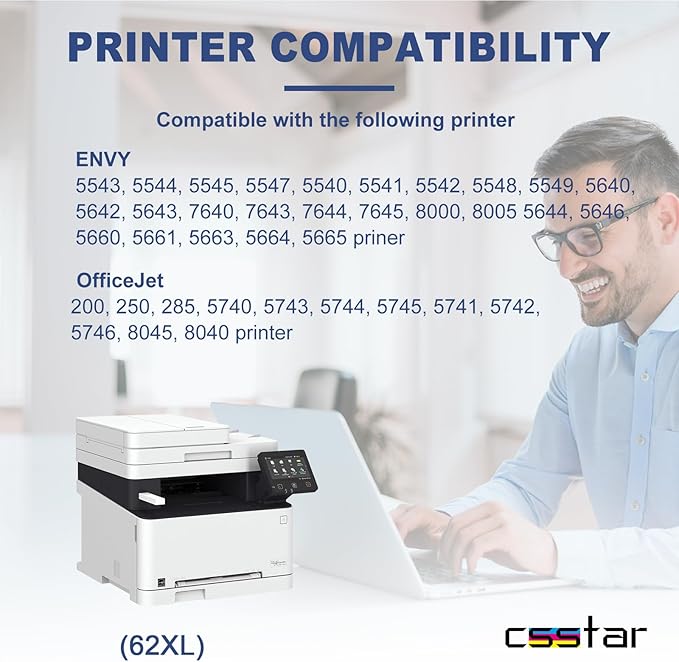 CSSTAR 62 XL Ink Cartridges Compatible Replacement Work with Envy 5660 5540 5640 7644 OfficeJet 8040 200 250 5741 5740 Printer(1 Black,1 Tri-Color)