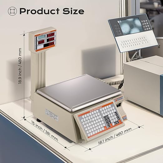 Bonvoisin Label Printing Scale 66lbs Capacity Price Computing Scale Pole Display with Label and Receipt Printer Commercial Barcode Scale for Retail Store, Supermarket and Farm