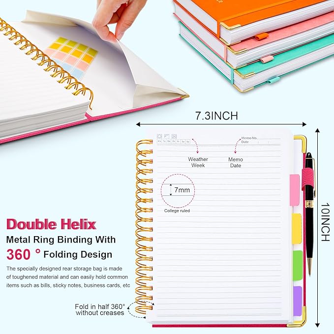 Hardcover Spiral Notebook 8"x10" Journal Notebook with Tabs and Removable Dividers 300 Pages 5 Subject Notebook College Ruled, Faux Leather Spiral Bound Notebook for Women, Students, School Work (Rose Red)