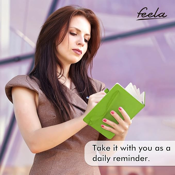 feela 12 Pack Notebooks Journals Bulk, Hardcover Notebook Classic Ruled Lined Journals with Pen Holder for Women Girls School Business Supplies, with 12 Black Pens, 120 GSM, 5.1”x8.3”, A5, Green