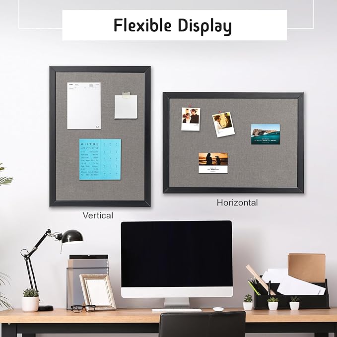 Bulletin Board 36 x 24 Inch, 100% Wood Framed Canvas Cork Board with Grey Fabric, Wall Mounted Notice Board for Home Office School