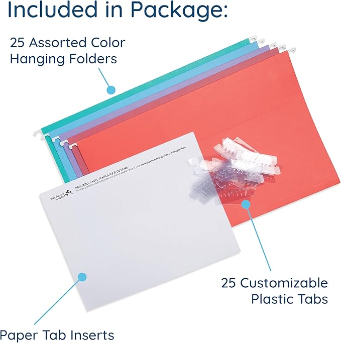25 Blue Summit Supplies Legal Size Hanging File Folders - Assorted Gem Tone Colors (Turquoise, Teal, Coral, Purple, Magenta), Durable 11pt Paper, Plastic Tabs and Inserts Included